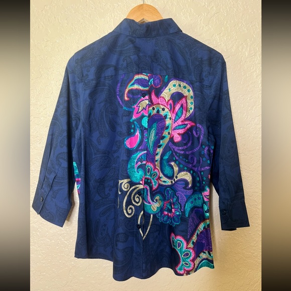 🩷Chicos No Iron paisley navy women’s sz 2 Large button back shirt 3/4 sleeves - Picture 6 of 7